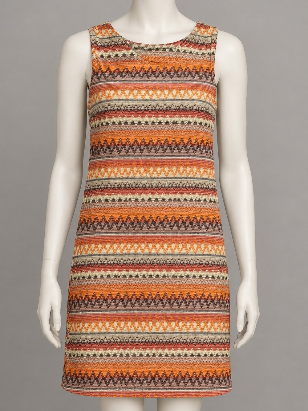 Sleeveless Patterned Shift Dress in Orange and Cream